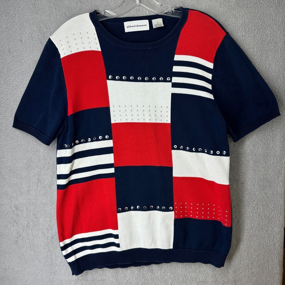 Alfred Dunner Red White Blue Patchwork Knit Rhinestone Short Sleeve Top S